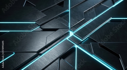 Abstract dark futuristic background with metallic surfaces and glowing cyan light accents