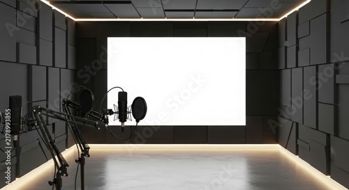 Modern recording studio with acoustic panels, multiple microphones on stands, and a large blank screen for content display, illuminated by strip lighting.