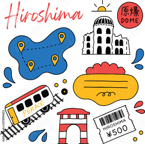 Hiroshima Travel Guide: Cute Hand-Drawn Icons of Atomic Bomb Dome, Miyajima Torii Gate, and City Streetcars