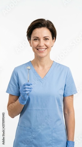 Happy Dental Professional Holding Dental Tool with Bright Smile