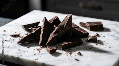 Dark Chocolate Pieces on Marble Surface with Textured Background and Light