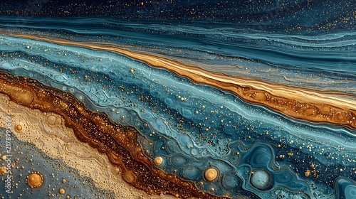 Abstract blue and gold fluid paint texture with shimmering metallic particles and swirling marble waves background.