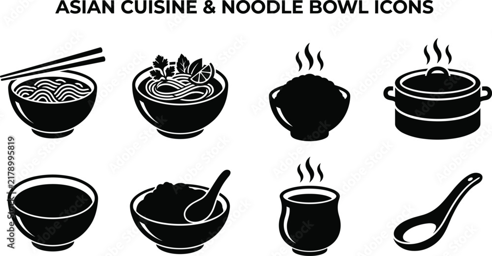 Fototapeta premium Set of Asian cuisine and noodle bowl black vector icons featuring ramen soup rice pot and spoon
