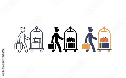 Konstfotografi Hotel bellhop and luggage cart icons set vector illustration design