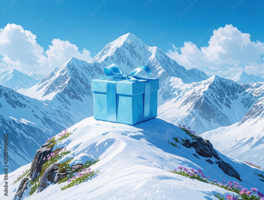 Obraz premium Light blue gift box with ribbon sits on snowy mountain peak. Winter landscape features majestic white mountains, bright blue sky with clouds. Small pink flowers grow in snow on rocky summit.