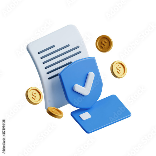 3D Financial security icon with document, shield, credit card and gold coins