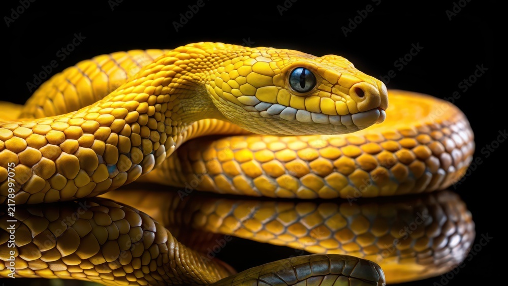 Fototapeta premium Captivating Close-up of a Yellow Snake on a Reflective Surface