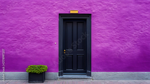 Dark door on textured purple wall