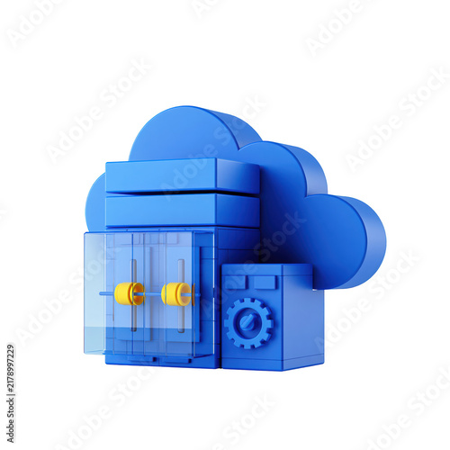 Plakat 3D cloud computing server icon with secure data storage and digital network infrastructure