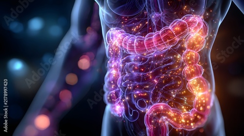 Glowing 3D medical illustration of human digestive system and intestines showing glowing energy particles inside body.