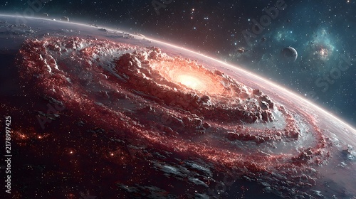 Glowing red spiral galaxy and fiery planetary surface swirling in deep space with surrounding starry background.