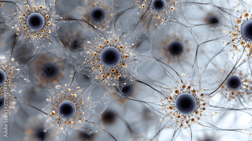Abstract biological microscopic view showing neural cells and interconnected web network with dark circular centers.