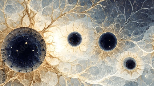 Abstract organic background featuring golden root-like fibers connecting dark circular cell elements art.