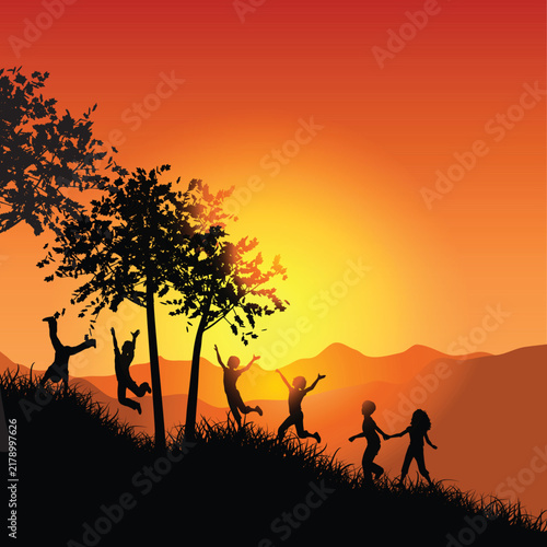 African Family Silhouette at Sunset in Savanna Landscape