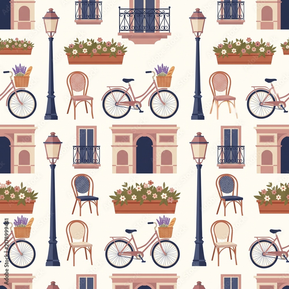 Seamless pattern with Paris street elements like bicycles, street lamps, chairs, and balconies.