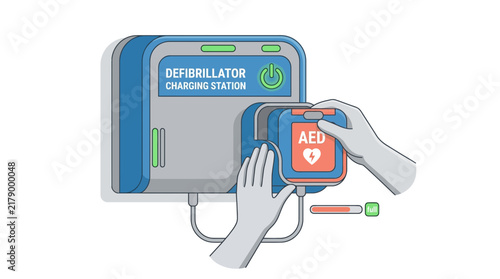 Hands placing AED on defibrillator charging station, medical emergency