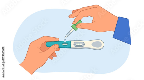 Hands performing pregnancy test with dropper, medical illustration, isolated.