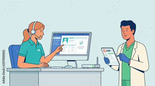 Healthcare communication: doctor and operator with digital records