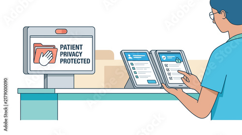 Healthcare professional with digital devices protecting patient privacy