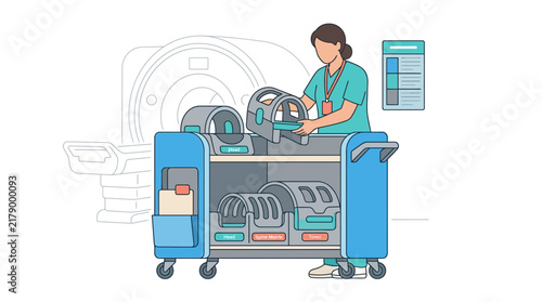 Healthcare worker organizes medical equipment on a cart with MRI scanner