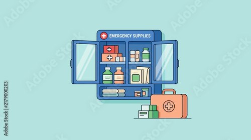 Medical Emergency Supplies Cabinet and First Aid Kit, Isolated
