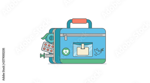 Medical First Aid Kit with Syringe, Pills, and Bandage, Isolated