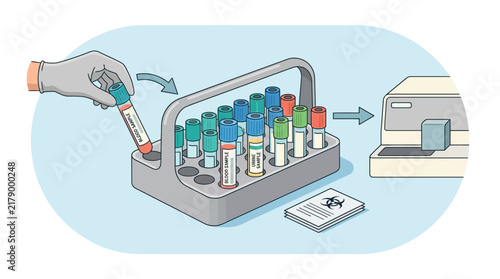 Medical laboratory technician preparing blood samples for analysis on machine