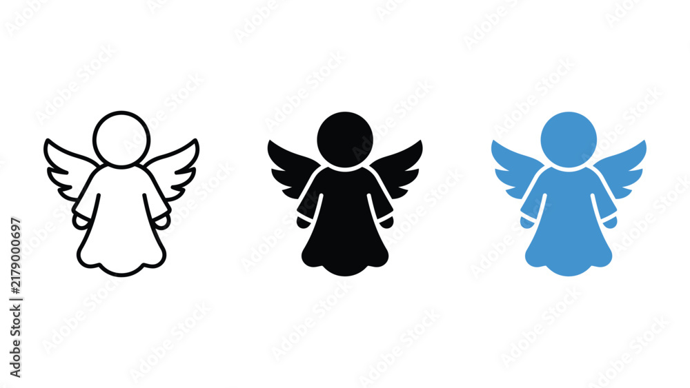 Fototapeta premium Set of angel icons in different styles, including outline, solid black, and blue flat design, representing spiritual or religious concepts