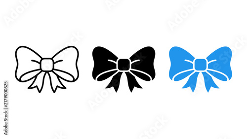 Set of three decorative gift bows in outline, solid black, and blue styles, perfect for holiday designs, greeting cards, and festive graphic projects