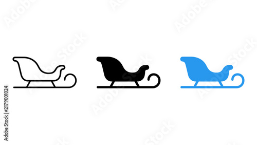 Set of three christmas sleigh icons, outline, solid, and blue vector illustrations