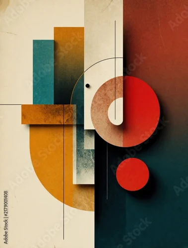 Panel kuchenny z motywem Abstract composition with geometric shapes circles rectangles and lines in retro colors. Modern art graphic design poster for commercial use.
