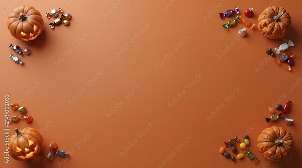 Fototapeta premium Halloween background with glowing jack o lanterns and candies on an orange surface