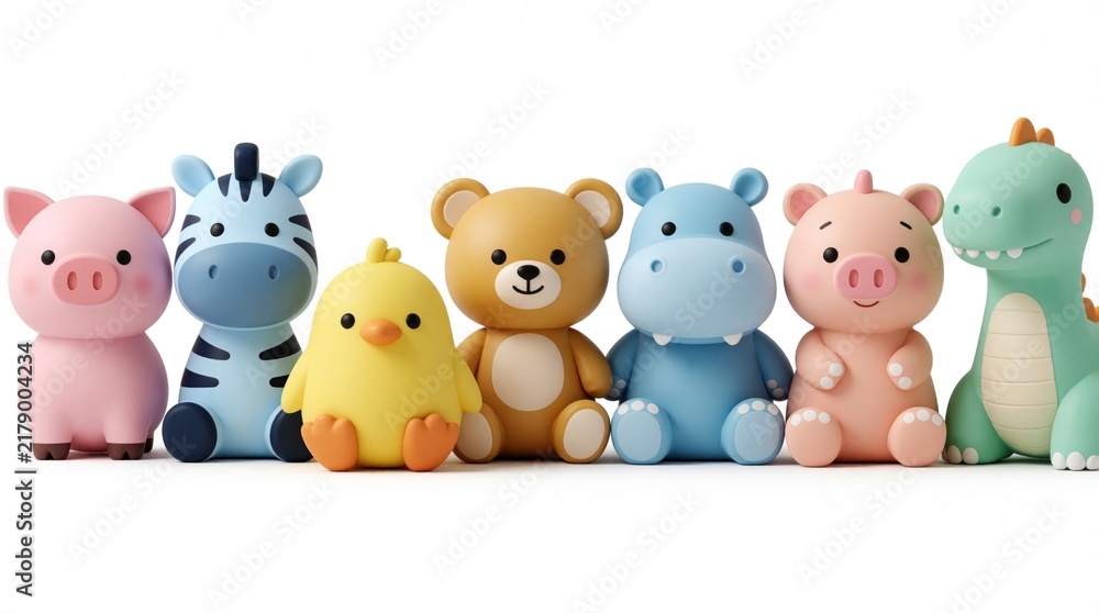 Fototapeta premium Cute cartoon baby animals arranged in a row. Pink pig, blue zebra, yellow chick, brown bear, blue hippo, pink piggy bank pig, and green dinosaur toys sit together on white.