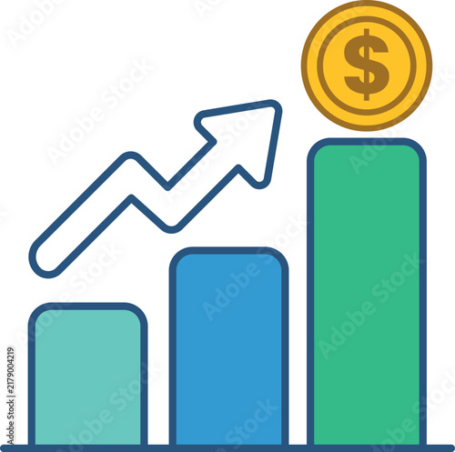 Upward Bar Chart with Arrow and Gold Coin Symbolizing Profit