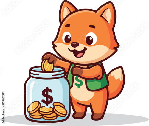Cute Fox Character Saving Gold Coins in a Glass Jar