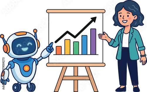 Businesswoman and Robot AI Presenting Upward Financial Growth Chart
