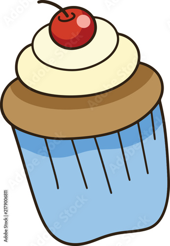 Cute Cupcake Cherry Clipart Hand Drawn Sweet Cream Blue Cup Bakery Food Graphic Decoration Element
