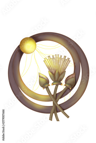 Fotografie Stylization of the motifs of the ancient Egyptian civilization, expressed in the flower and buds of the lotus and the orbiting sun