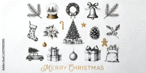 Set of hand drawn sketch christmas icons for festive holiday design projects