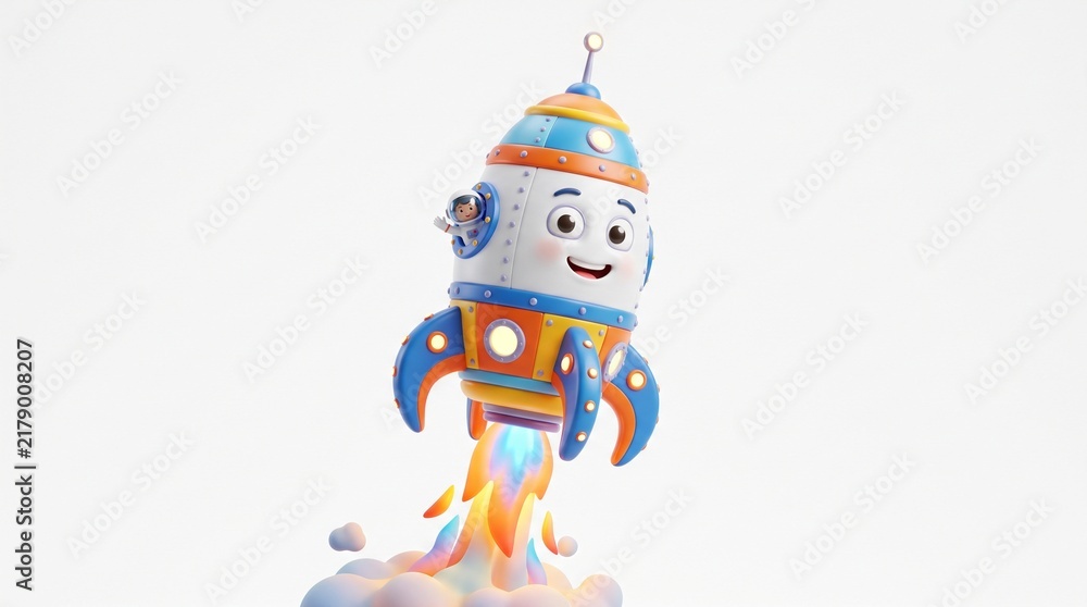 Naklejka premium Cute cartoon rocket blasting off with a happy astronaut waving from the window against a white background