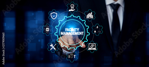 Принти на полотні Business Professional Engaging in Digital Facility Management with Innovative Technology and Visual Icons on Screen Fluxor