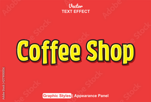 Editable coffee shop text effect with yellow text and a red background.