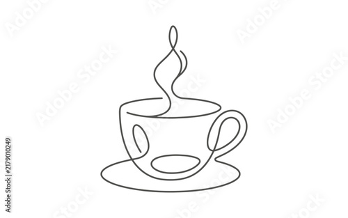Continuous Line Art Coffee Cup with Steam Vector Illustration – Minimalist One Line Drawing of Hot Beverage on Saucer
