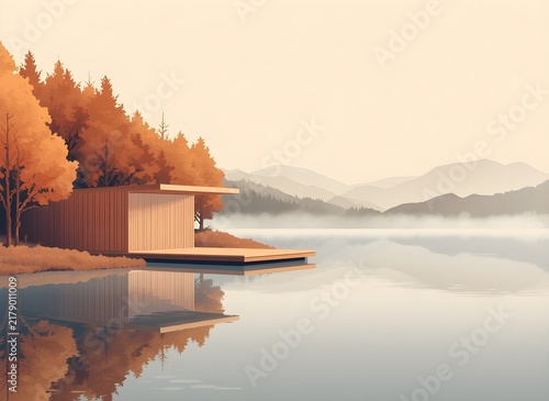 Minimalist Autumn Wellness Pavilion Beside a Forest Lake