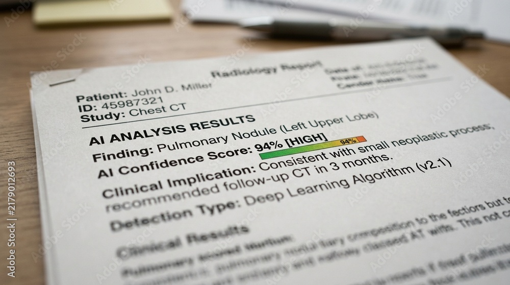 Obraz premium Printed radiology report with an AI confidence score section | AI-Assisted Radiology Diagnostics Concept