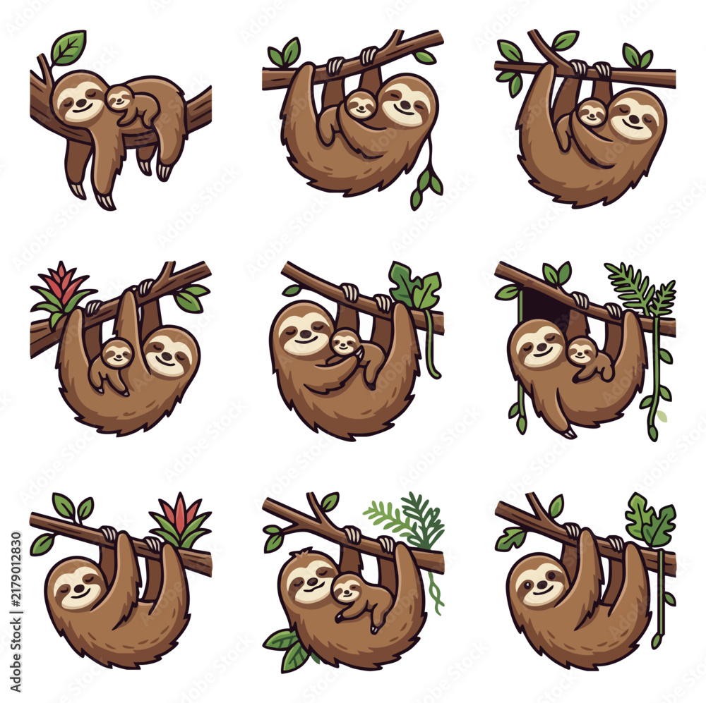 Obraz premium Cute sloth family illustrations hanging on tree branches in various poses