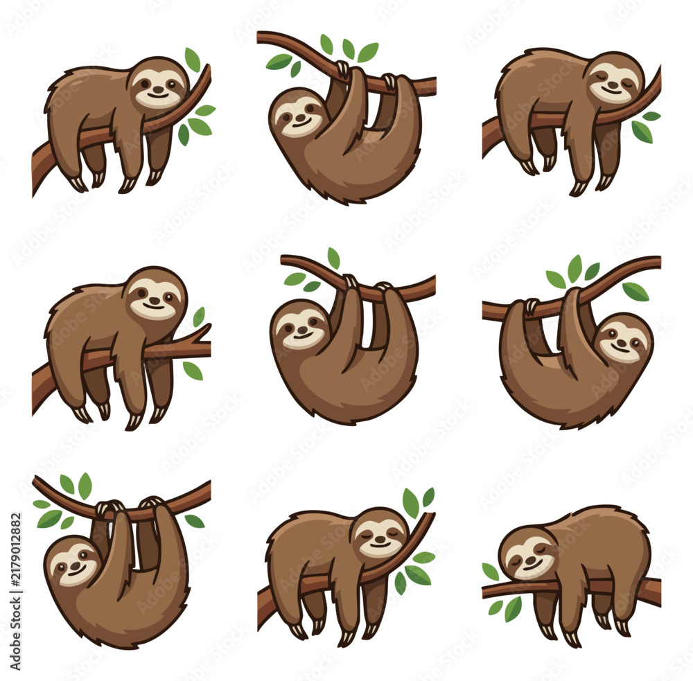 Fototapeta premium Cute sloth illustration collection various poses on branch
