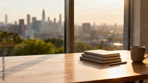 Wooden Desk with Books and Coffee Overlooking a Sunlit City Skyline