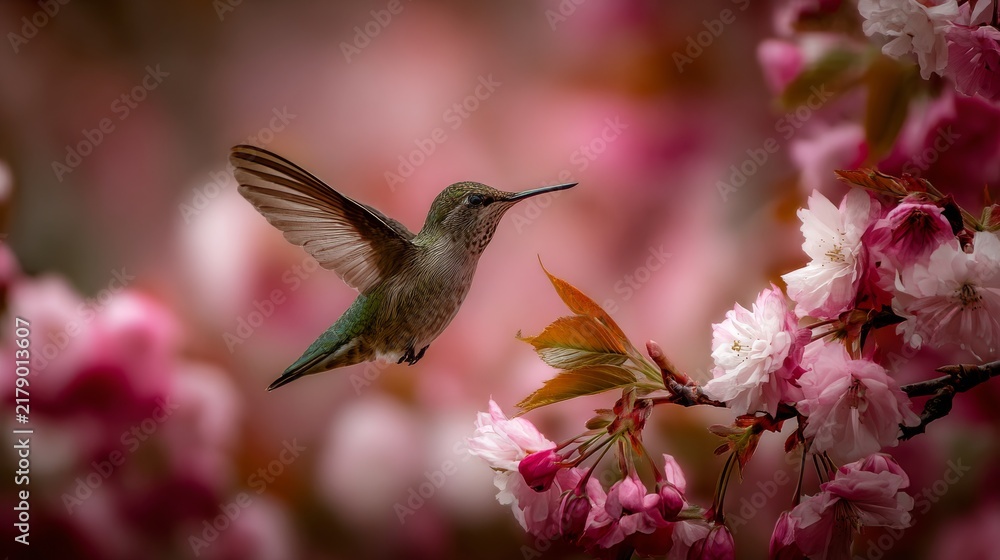 Obraz premium Hummingbird hovering over colorful flower blossoms in lush garden, graceful flying bird feeding on nectar, vibrant wildlife and nature scene, peaceful outdoor garden beauty, close up tropical bird in 