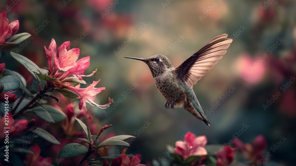 Obraz premium Hummingbird hovering over colorful flower blossoms in lush garden, graceful flying bird feeding on nectar, vibrant wildlife and nature scene, peaceful outdoor garden beauty, close up tropical bird in 